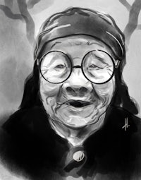 a black and white drawing of an old woman with glasses