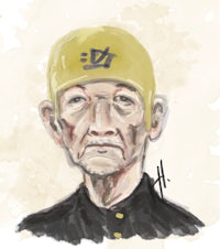 a drawing of an old man wearing a yellow hat