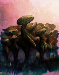 a painting of a group of trees in a field