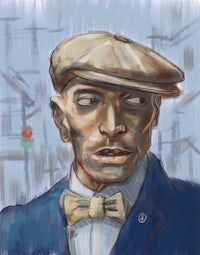 a drawing of a man with a hat and bow tie