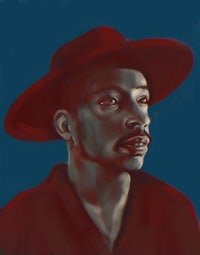 a painting of a man in a red hat