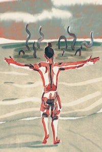 a man standing on the beach with his arms outstretched