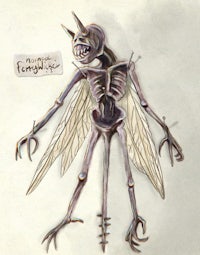 a drawing of a skeleton with wings