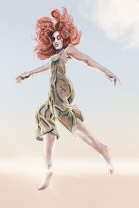 a woman with red hair is flying in the air