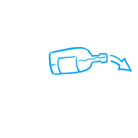 a blue drawing of a bottle with an arrow coming out of it
