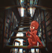 a red elf sitting on stairs in a library
